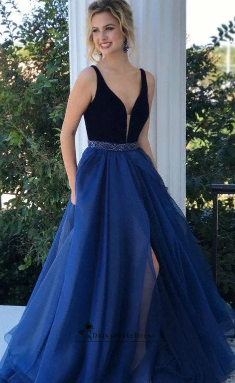 A line Slit Navy Blue Prom Dress