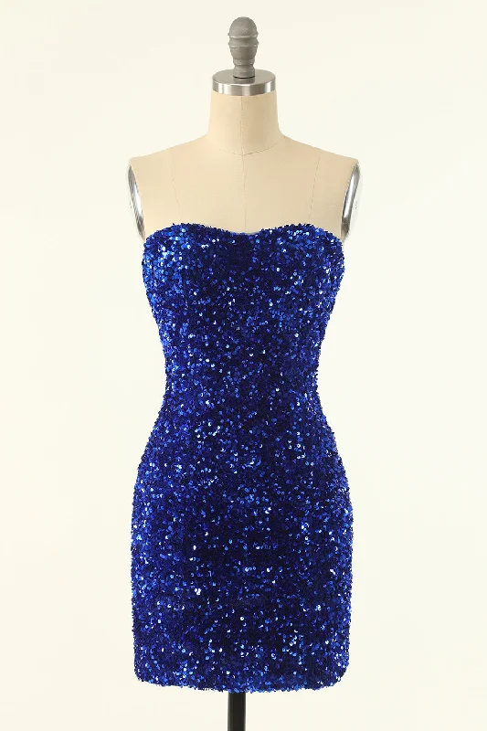 Strapless Royal Blue Sequin Bodycon Mini Dress