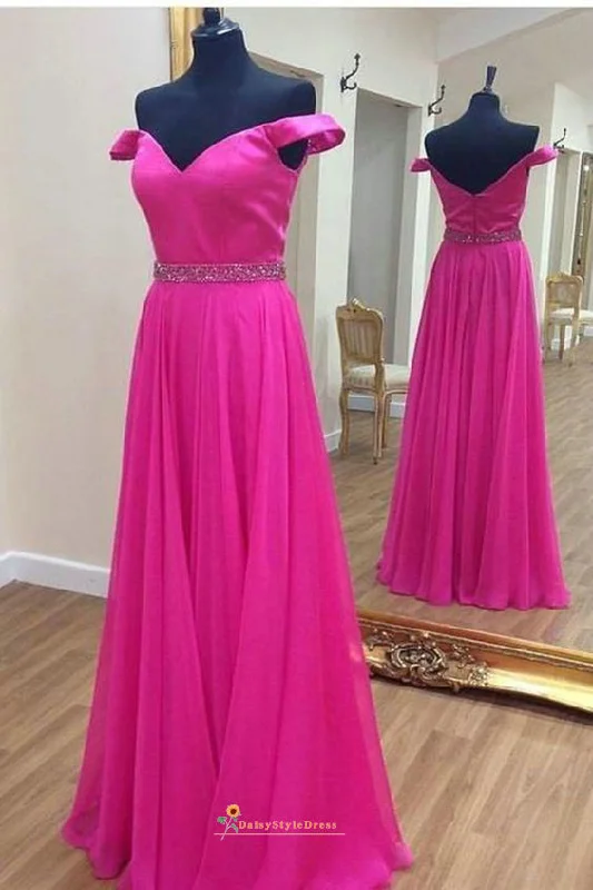 Long Off Shoulder Sleeve Fuchsia Prom Dress