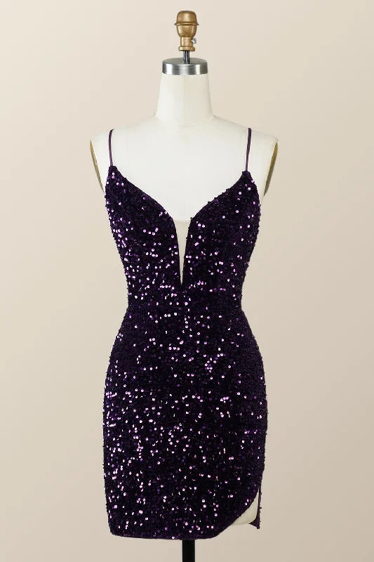 Straps Purple Sequin Tight Mini Dress with Slit