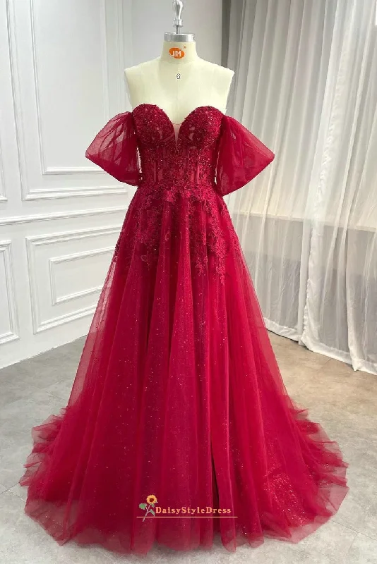 Off Shoulder Sleeve Sparkle Burgundy Prom Dress