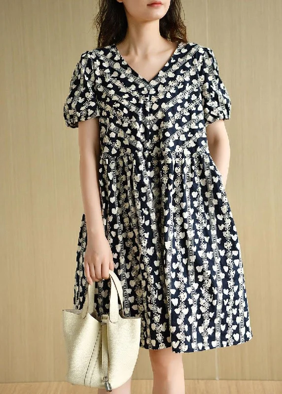 Vintage Navy V Neck Loose Print Summer Cotton Dress Short Sleeve