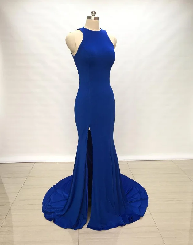 Halter Neckline Slit Royal Blue Fitted Pageant Dress