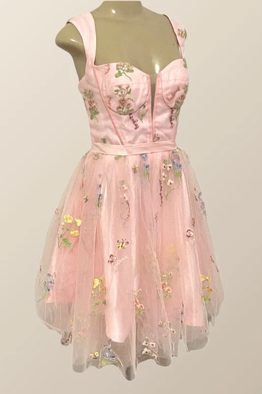 Cap Sleeves Pink Floral Short Prom Dress