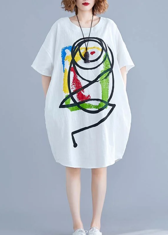 Vivid Cartoon print Cotton Tunics Tutorials white short sleeve Dress summer