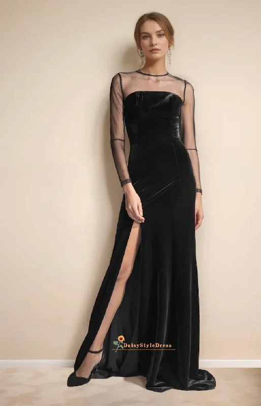 Sexy Slit Long Sleeve Black Velvet Evening Dress