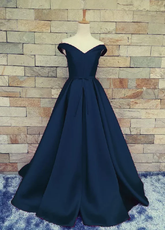 A line Off Shoulder Sleeves Navy Blue Prom Dress