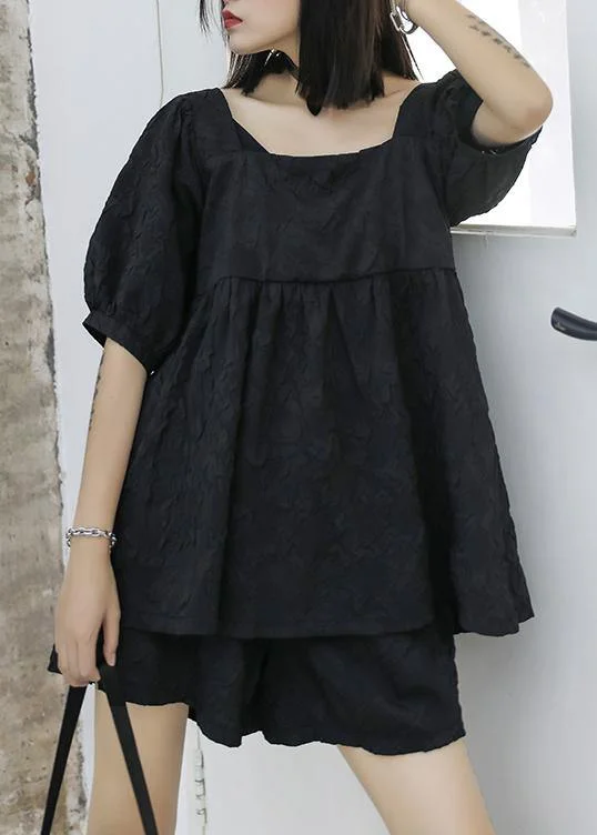 2024 women's summer fashion western style bubble sleeve black top and shorts two-pieces