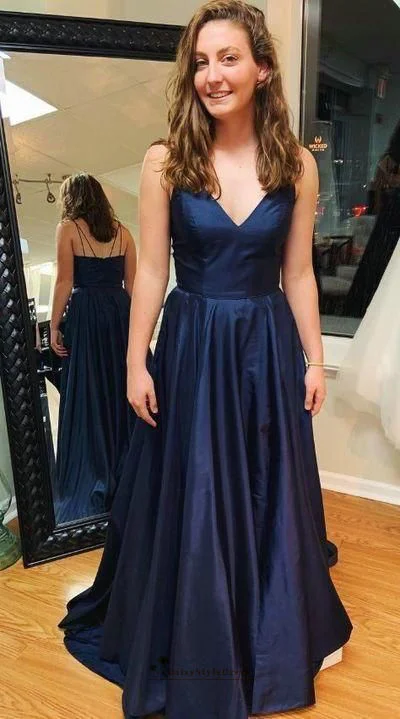 V-neckline Dark Navy Senior Prom Dress