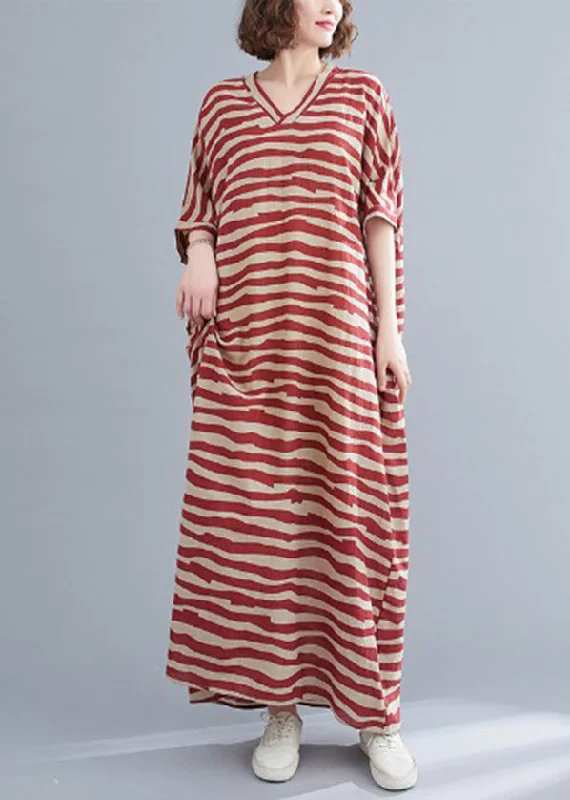 Red Striped Baggy Ankle Dress V Neck Batwing Sleeve