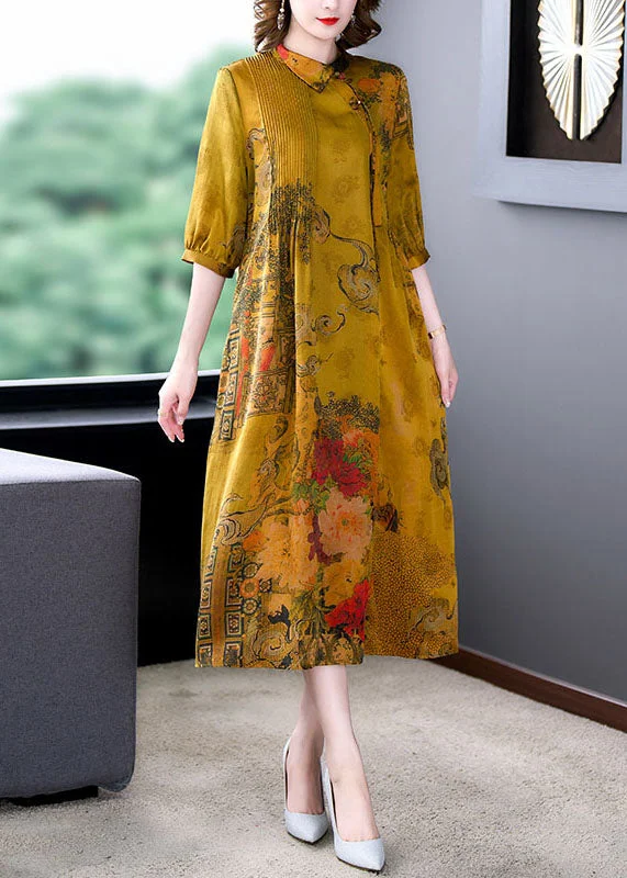 Classy Yellow Peter Pan Collar Print Wrinkled Patchwork Silk Dresses Summer