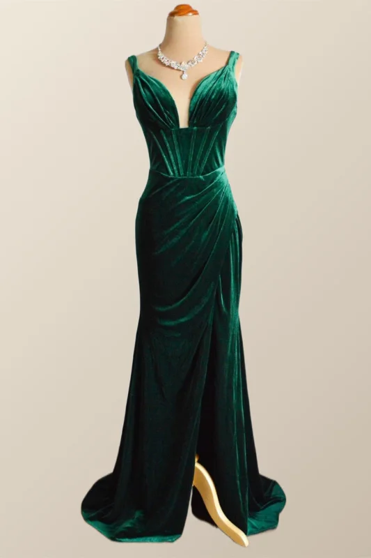 Green Velvet Mermaid Long Formal Dress with Slit