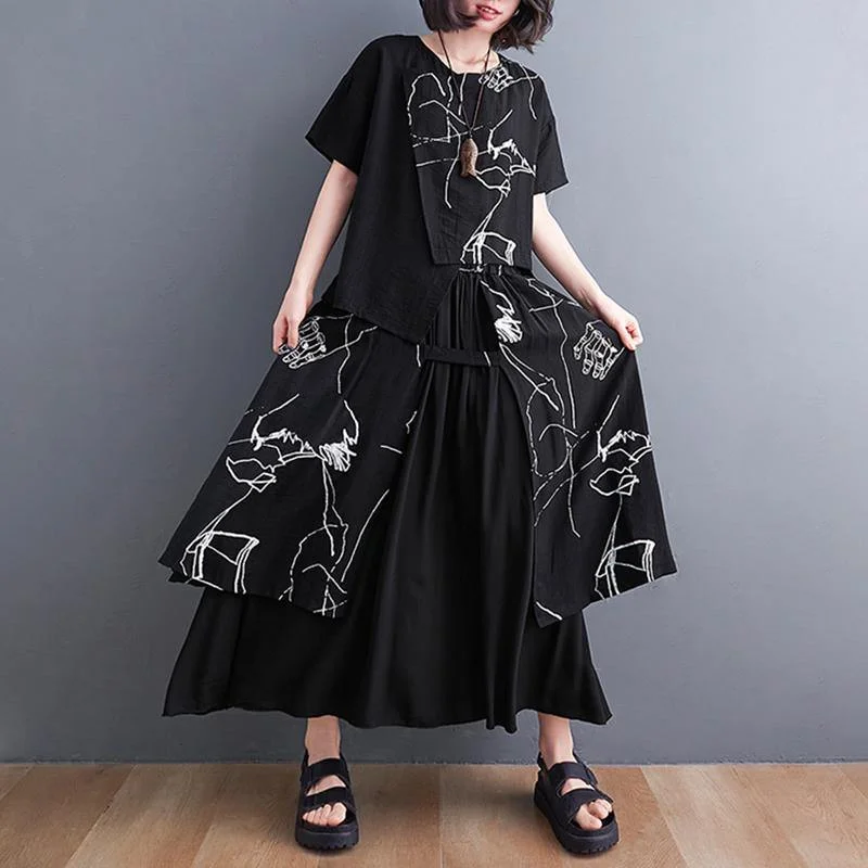 Black Print Short Sleeve Round Neck T-shirt Elastic Waist Skirt Suit Summer