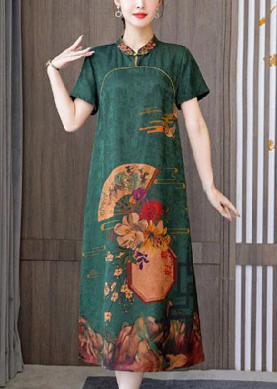 Green 2024 Silk Cheongsam Dress Stand Collar Side Open Short Sleeve