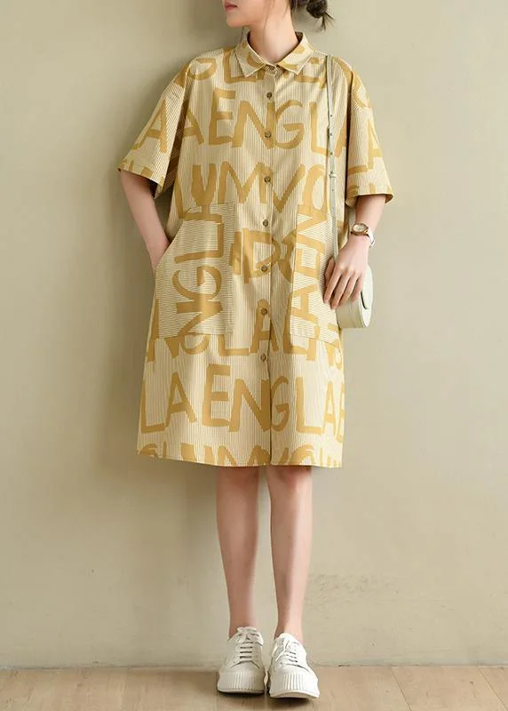 Casual Yellow Cinched Peter Pan Collar Cotton Dress Graphic Dress