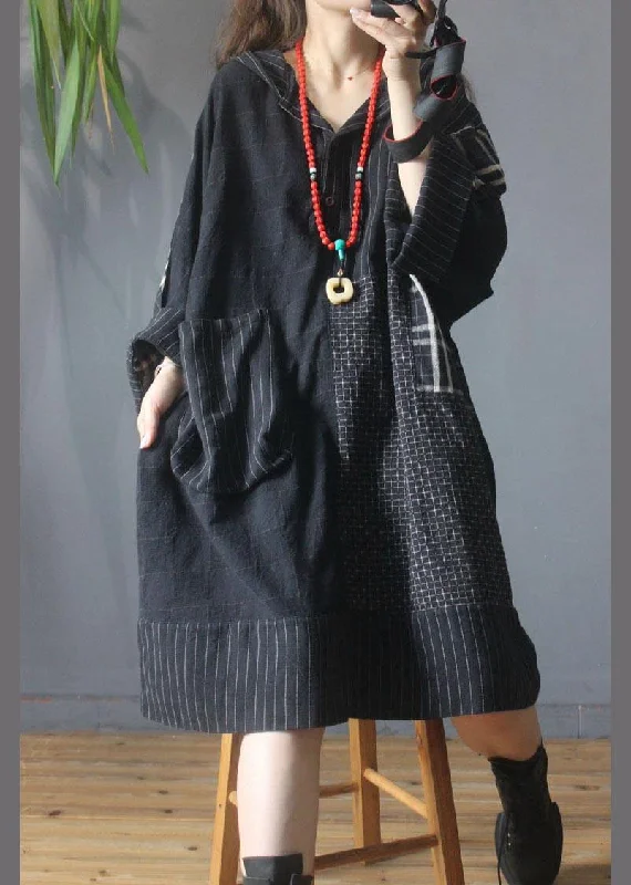 Loose Black Patchwork Cotton Dress hooded Cotton Linen Summer Mid Dress