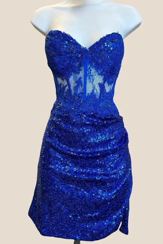 Strapless Royal Blue Sequin Tight Short Dress