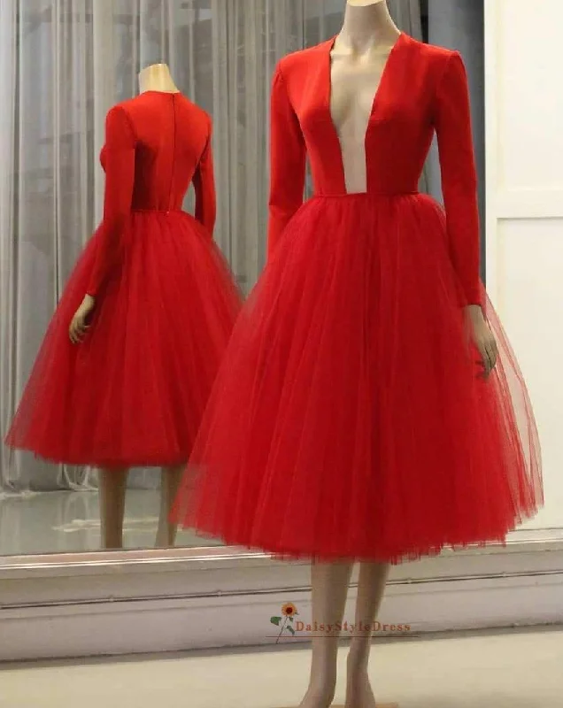 Ball Gown Long Sleeve Short Red Party Dress