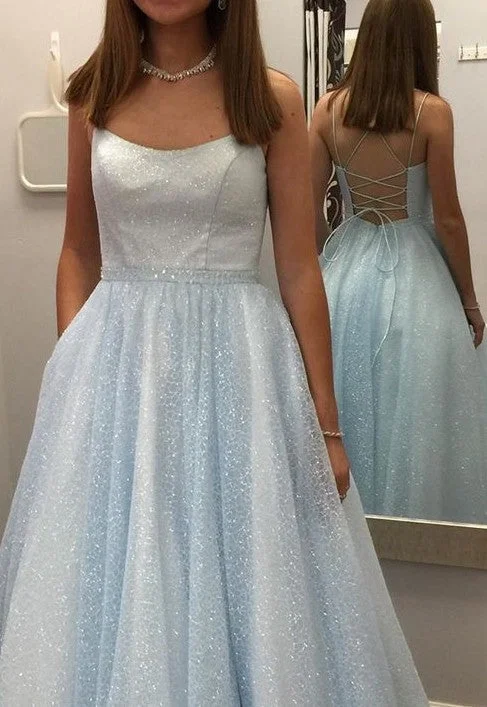 Fashion Ball Gown Sparkle Light Blue Prom Dress