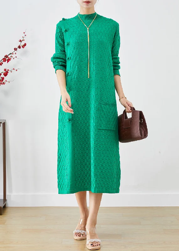 Simple Green Stand Collar Chinese Button Knitwear Dress Fall