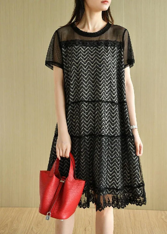 Boho Black O-Neck Tulle Patchwork Summer Long Dresses Short Sleeve