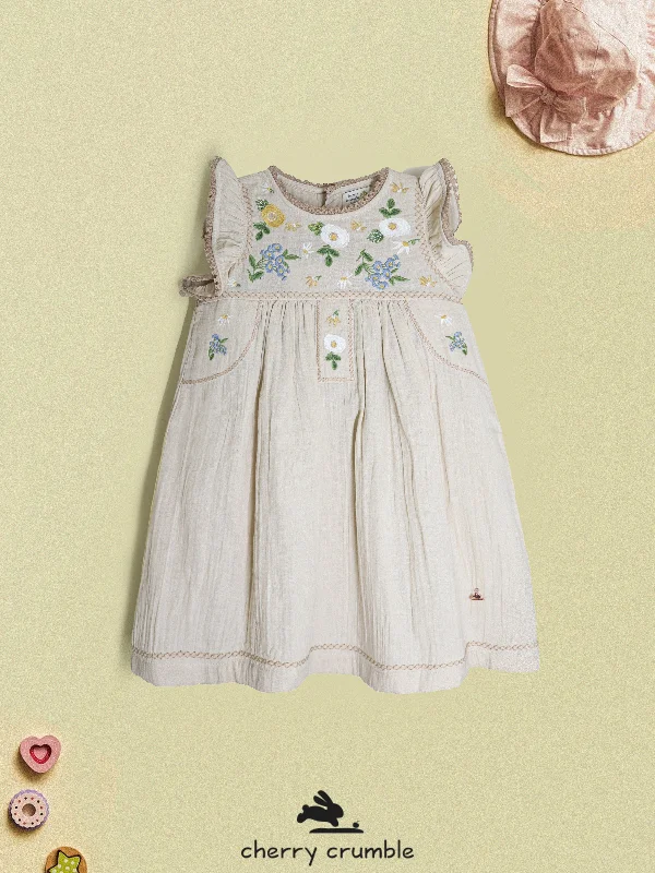 Cherry Crumble Girls Beige Solid Dress