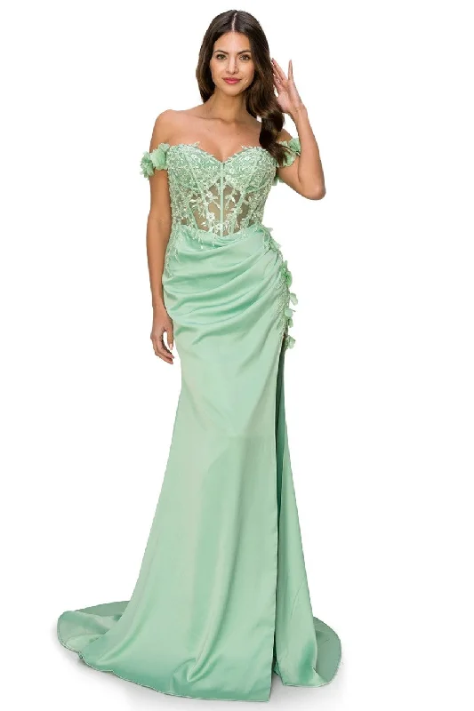 Off The Shoulder Floral Slit Gown by Cinderella Couture USA AS8050J - Special Occasion/Curves