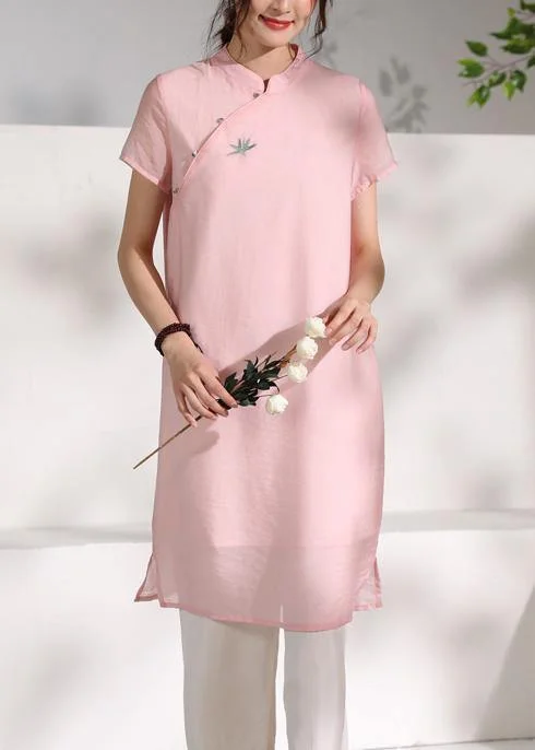 Handmade pink stand collar embroidery Dress