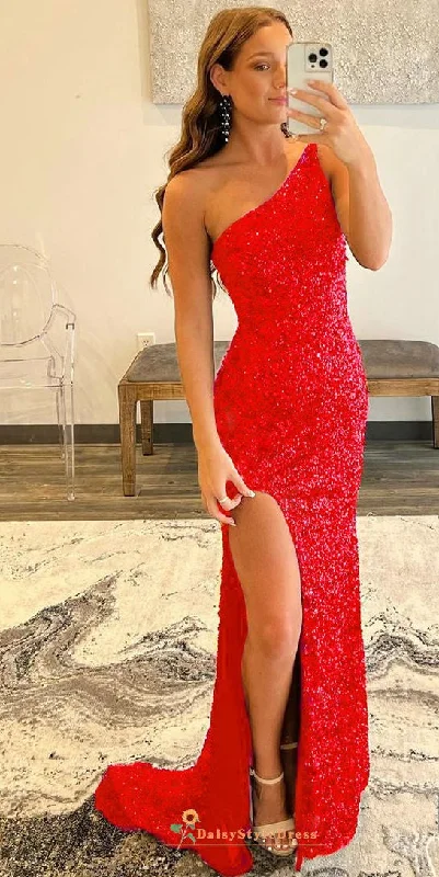 Sexy Slit One Shoulder Red Sparkle Prom Dress