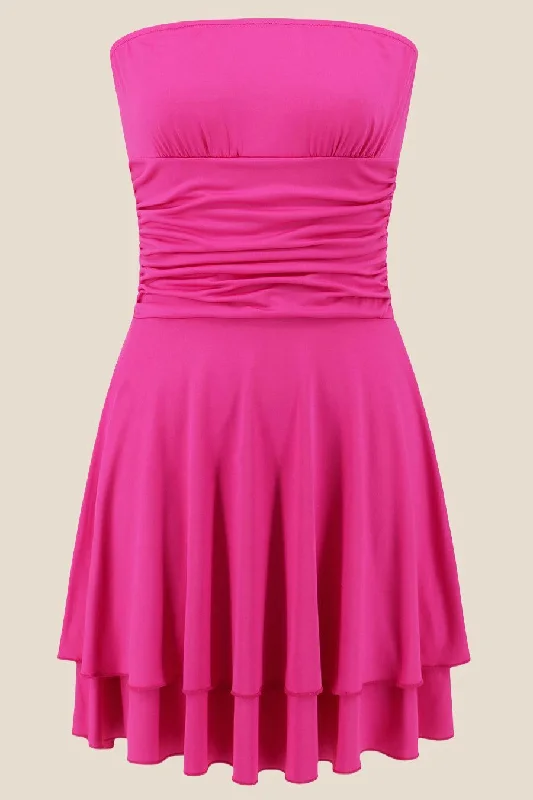 Strapless Hot Pink Ruffle Ruched Short Dress