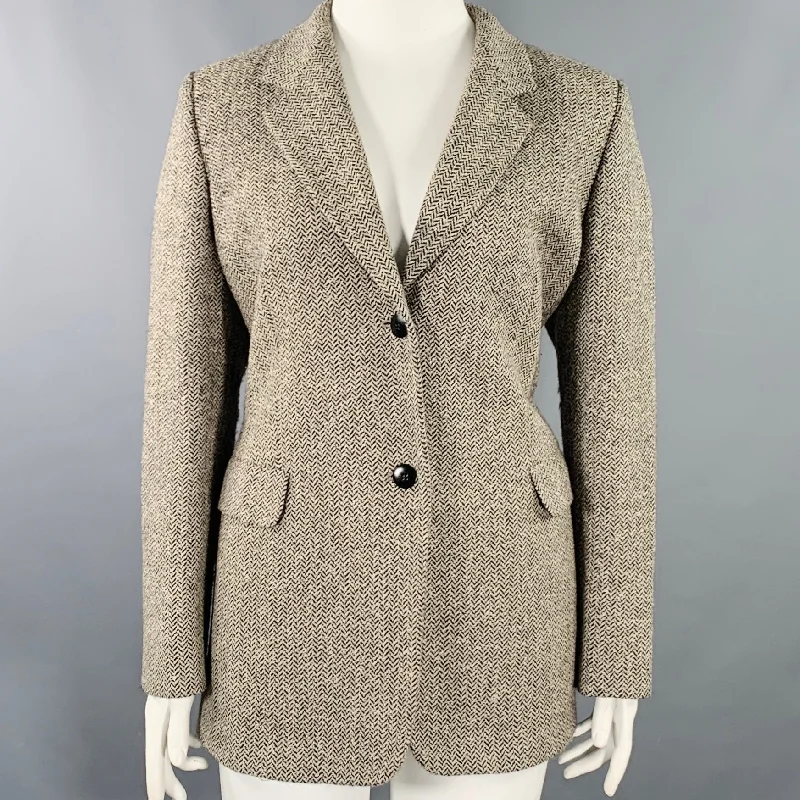 MARINA RINALDI Size L Black Beige Wool Blend Herringbone Jacket Blazer