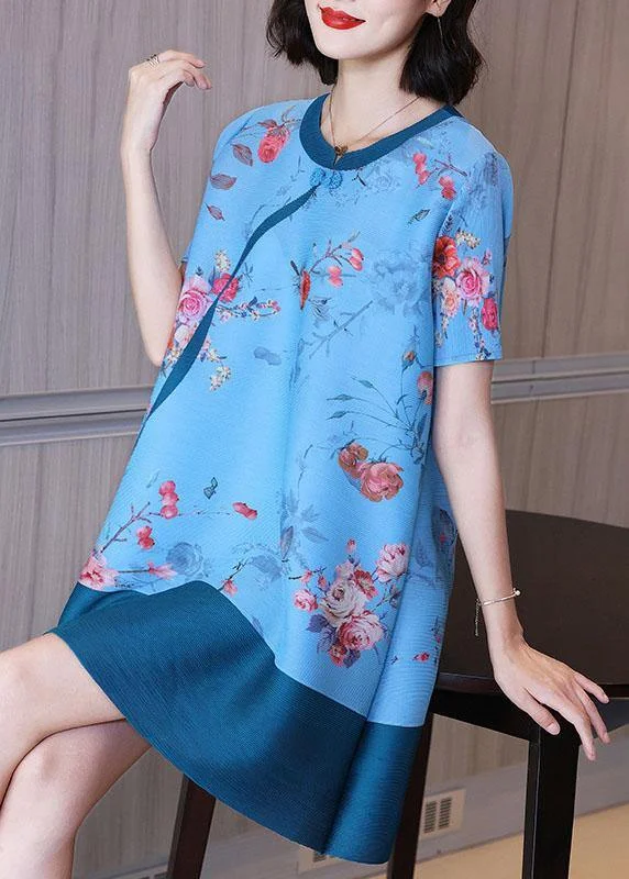 Stylish Blue Print Patchwork Oriental Holiday Dress Summer