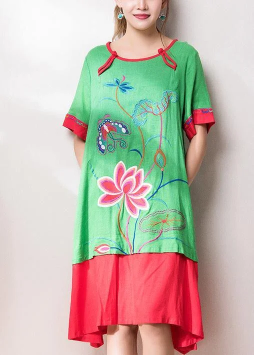 Beautiful o neck patchwork cotton linen quilting dresses Inspiration green embroidery Dress summer