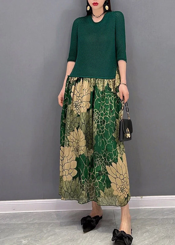 Fashion Green O-Neck Chiffon Patchwork Print Knit Long Dress Half Sleeve