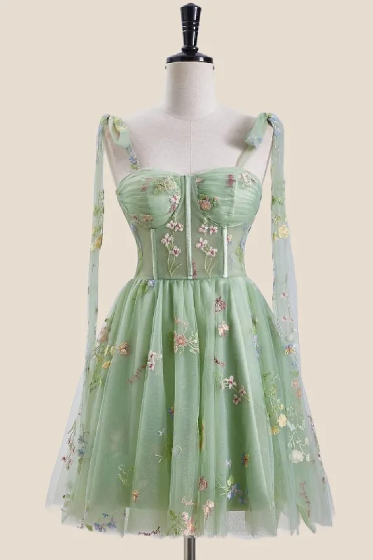 Green Floral Embroidery Corset A-line Short Fairytale Dress