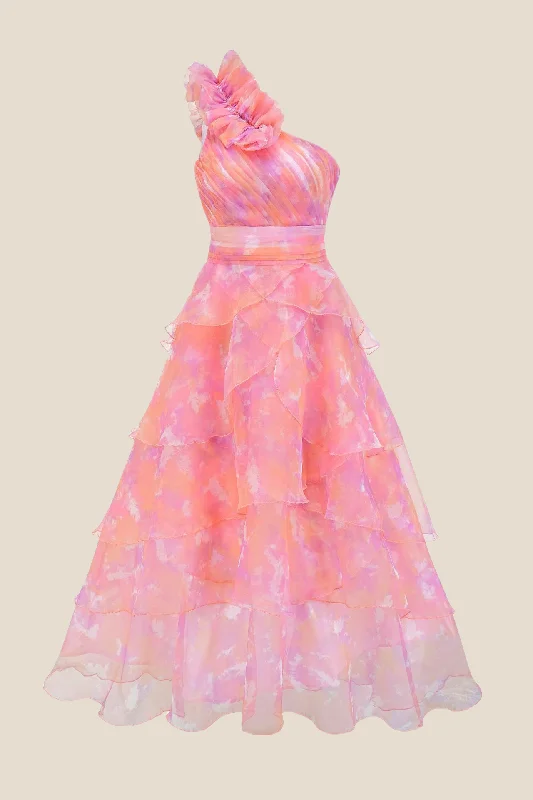 One Shoulder Pink Print Tiered Long Dress