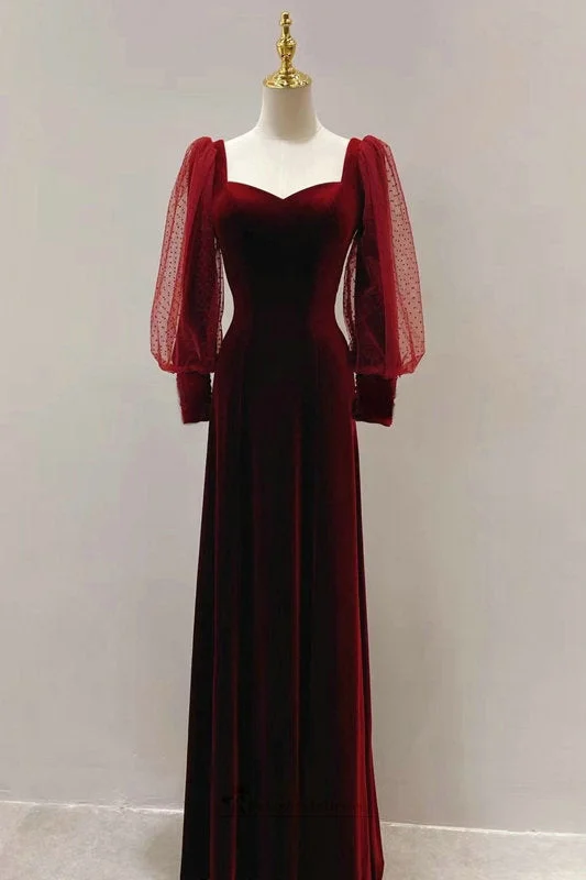 Modest Long Sleeve Deep Red Velvet Evening Dress