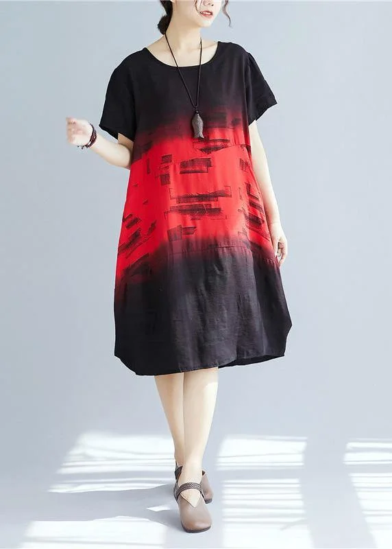 Italian red print Cotton dresses o neck patchwork A Line summer Dresses