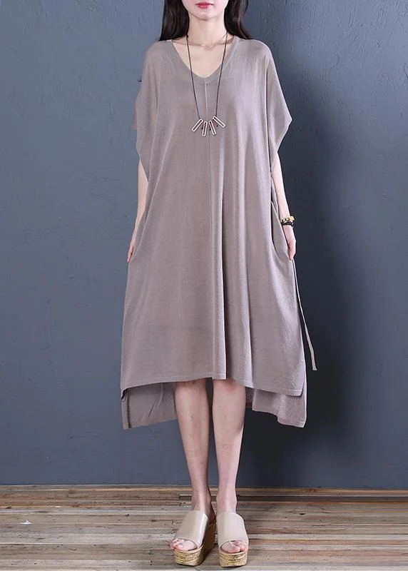 Organic khaki linen clothes For Women v neck side open baggy summer Dress