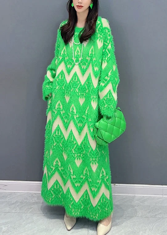 Green Patchwork Teddy Knit Sweater Dress O Neck Long Sleeve