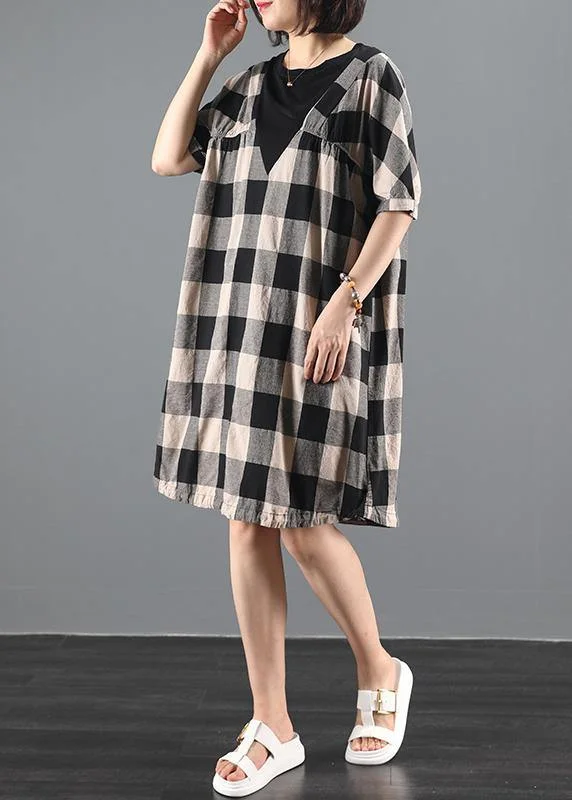 Bohemian o neck patchwork summer clothes linen black plaid Dresses