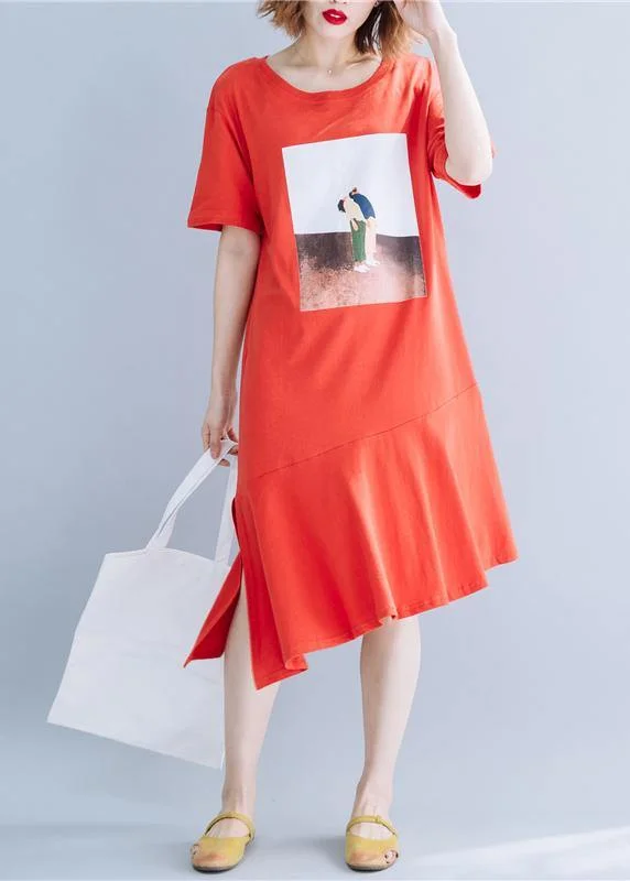 Women o neck patchwork cotton tunics for women red long Dresses summer