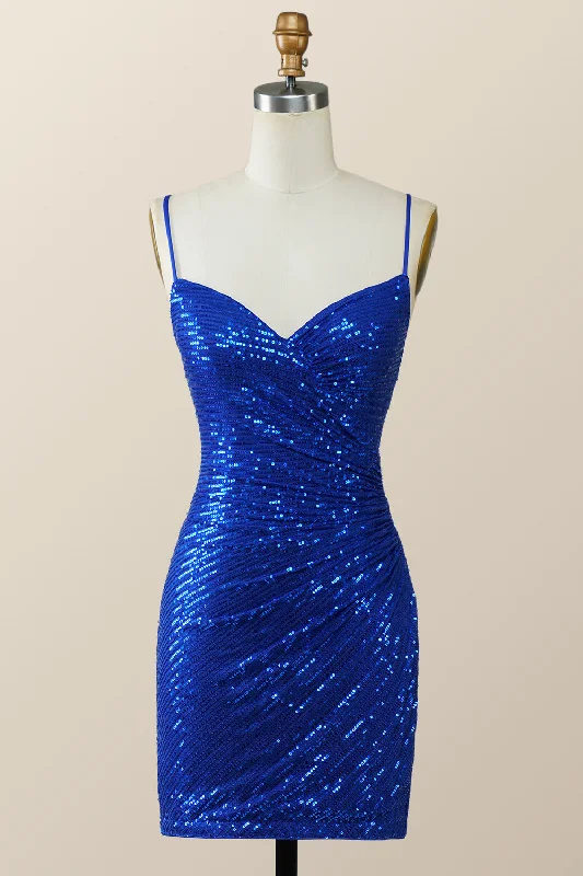 Straps Royal Blue Sequin Tight Mini Dress