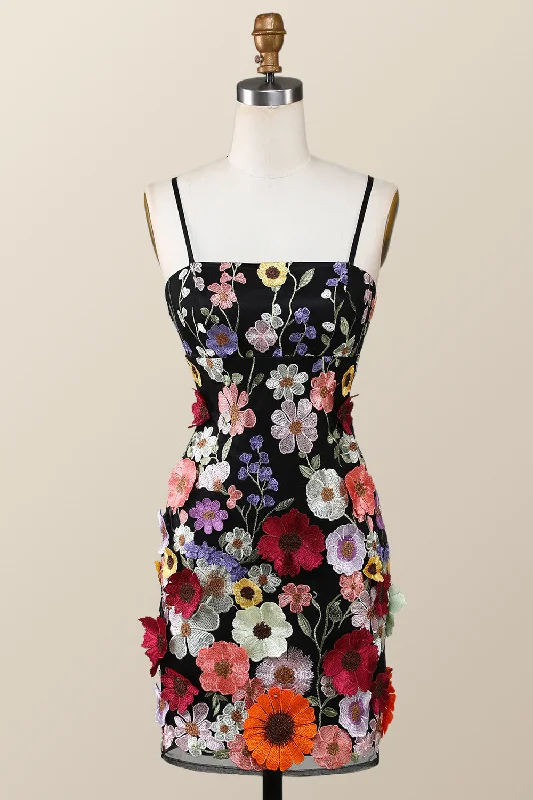 Black Floral Embroidery Tight Mini Dress with Straps