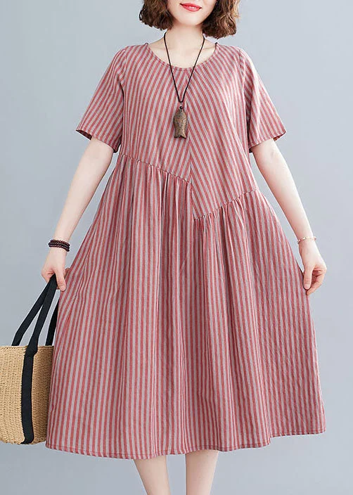 Plus Size Red O-Neck Wrinkled Striped Pockets Cotton Long Dress Short Sleeve