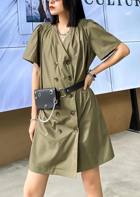 DIY army green Wardrobes v neck Double row buttons Dress