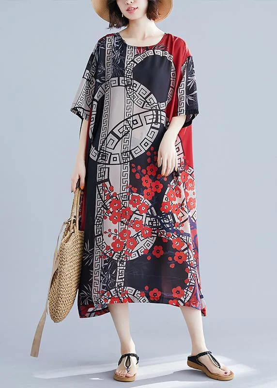 French O Neck Spring Tunics For Women Red Print Long Dress