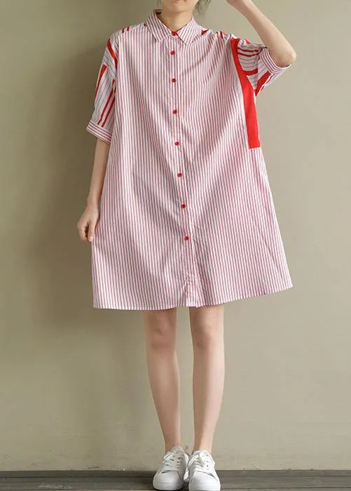 Simple lapel patchwork Cotton clothes For Women red striped Dresses summer