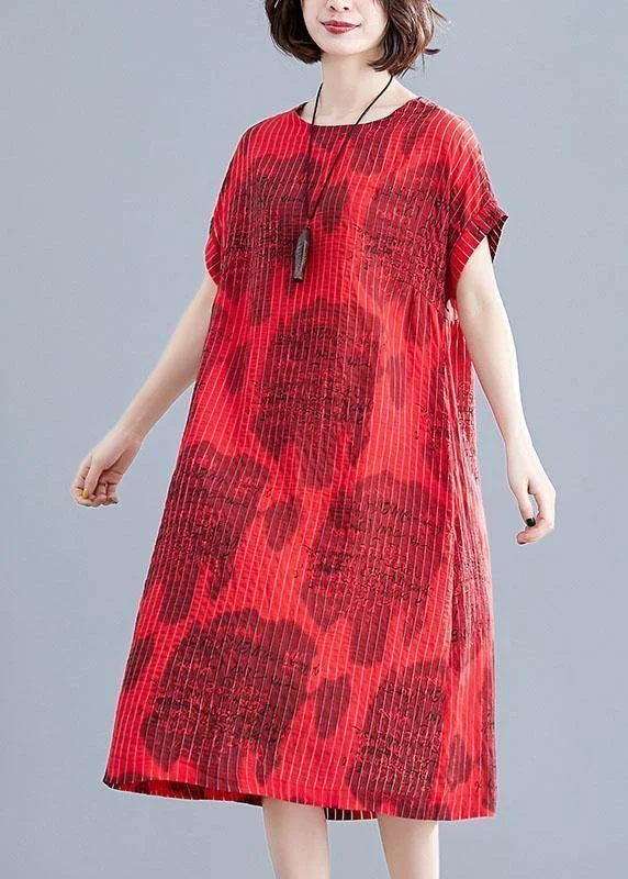 Beautiful red print cotton clothes striped o neck loose summer Dress