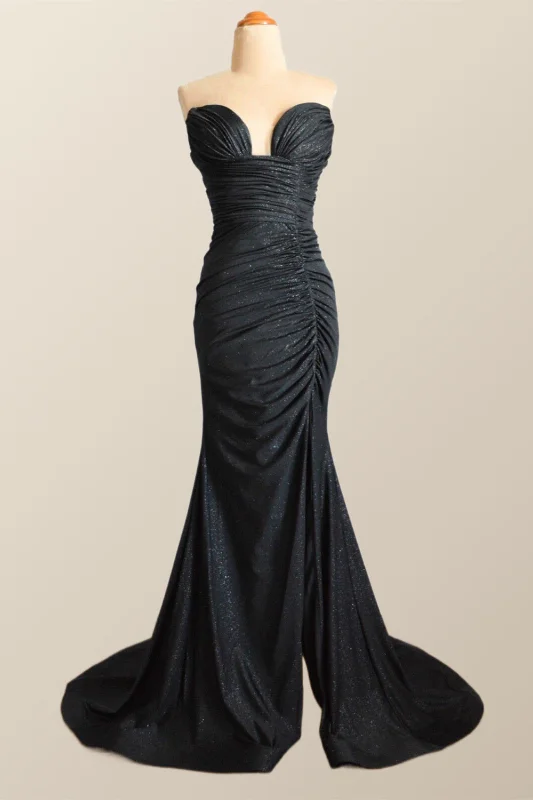 Strapless Black Ruched Mermaid Long Prom Dress